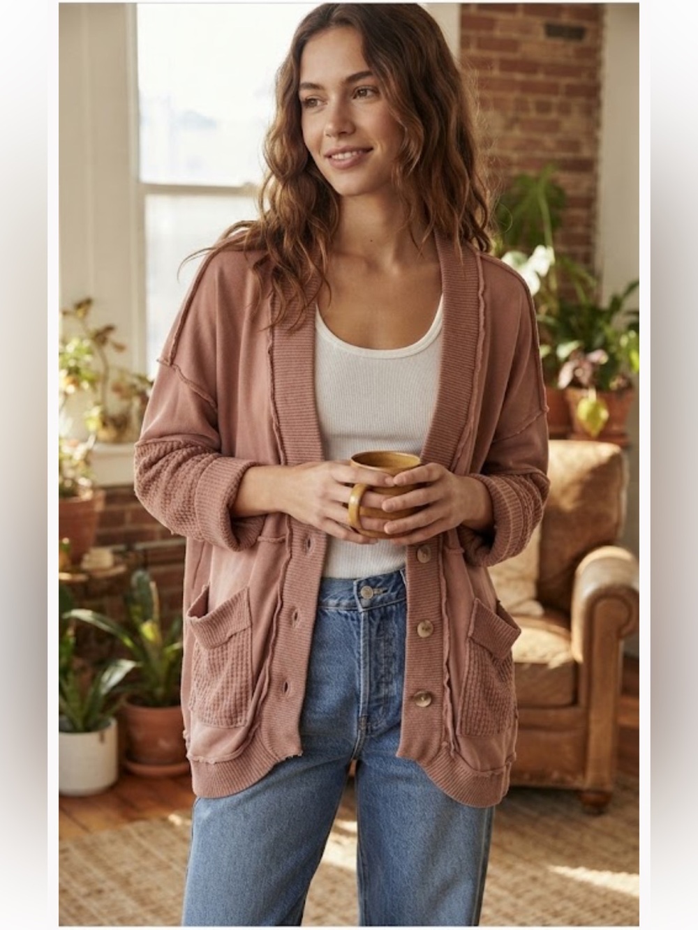 We The Free Dusty Rose Button-Front Oversized Cardigan